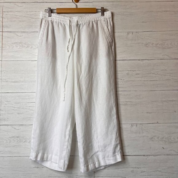 Talbots Pants Womens Size 8 White 100% Linen Wide Leg Cropped Drawstring Travel - Picture 1 of 15